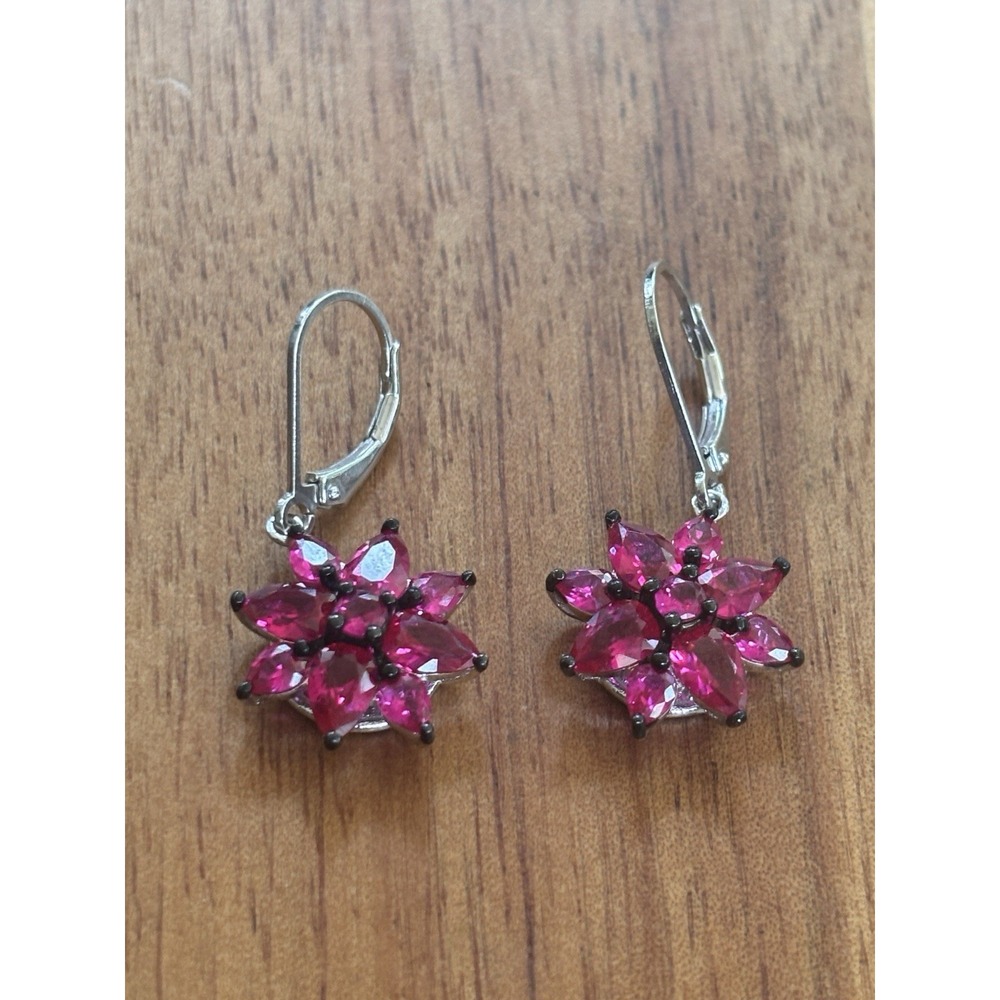 JTV 925 BBJ Ruby Gemstone Sterling Silver Cluster Dangle Earrings